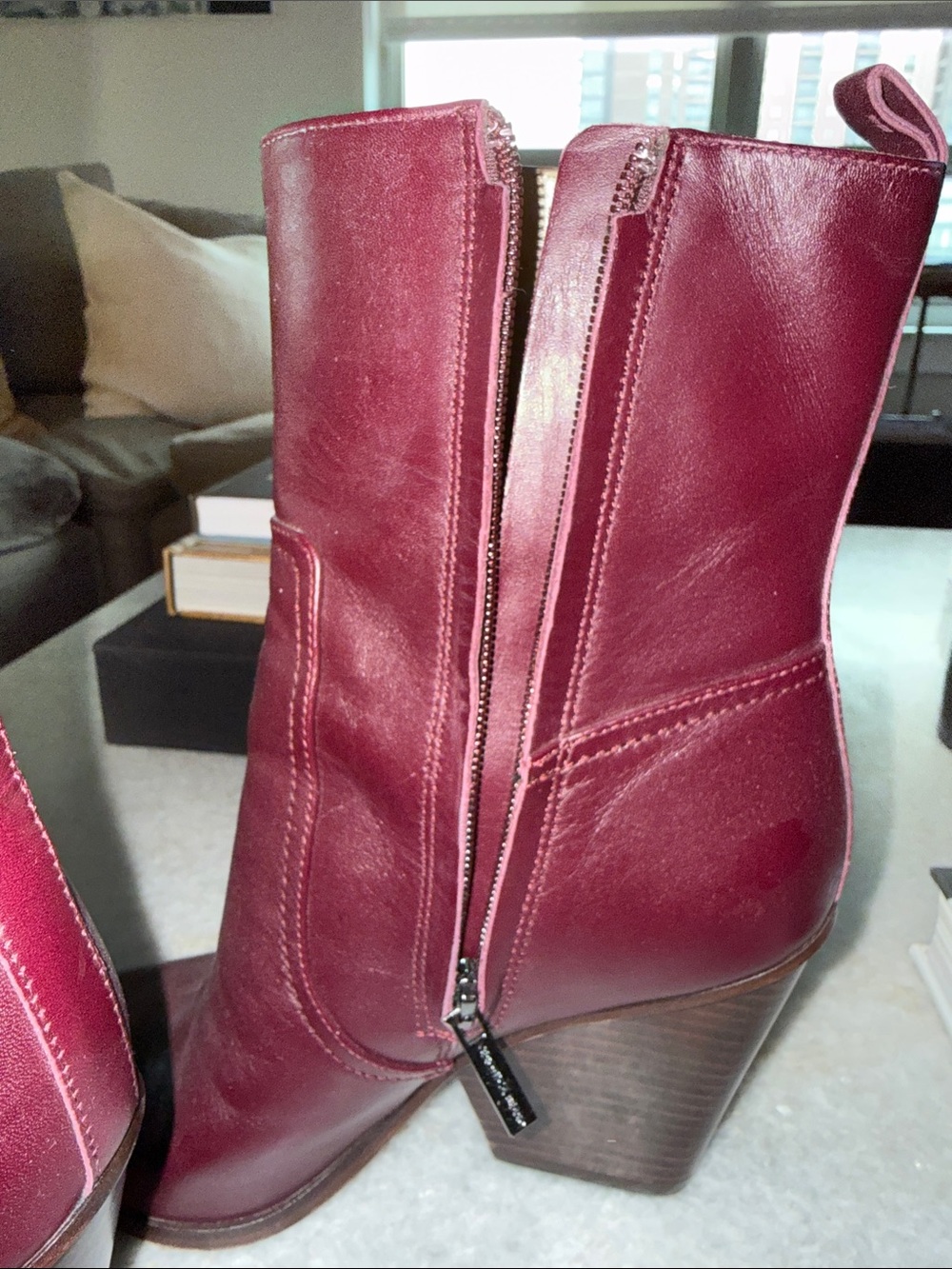 Veronica Beard Burgundy Pointed-Toe Leather Mid-Calf Boots - Picture 8 of 9